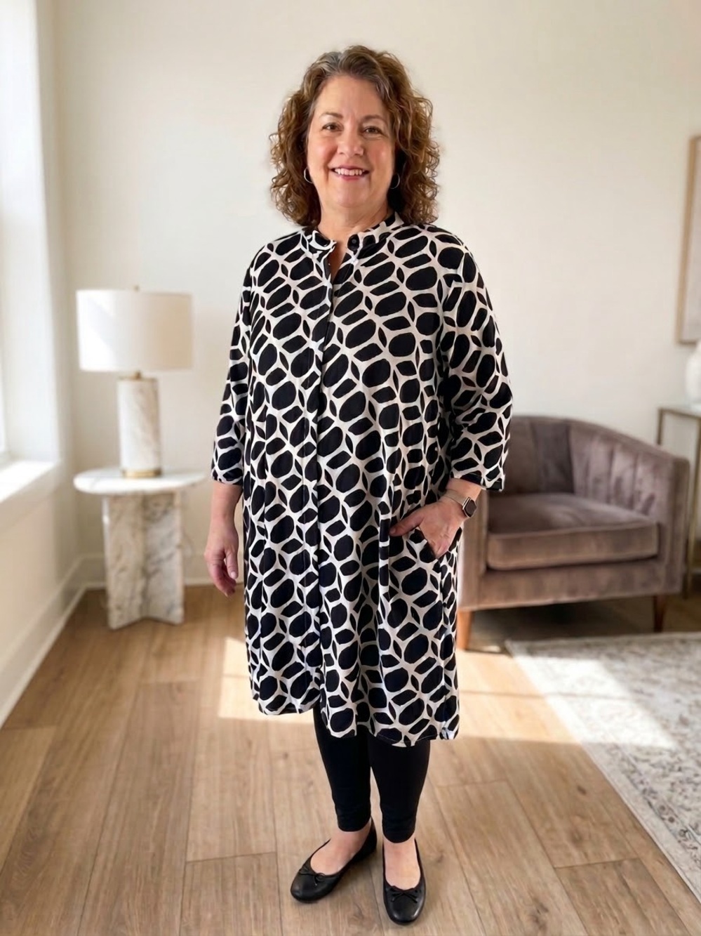 Bryn Walker XL Winona Tunic Dress Mandarin Collar Button Up Black White Pockets